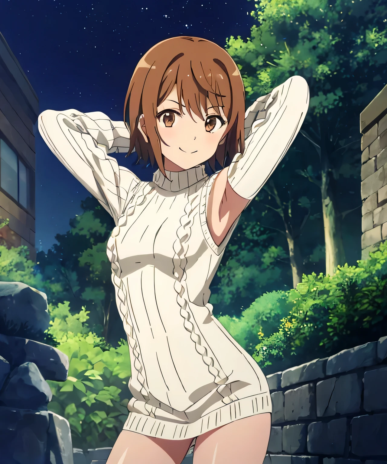 1girl, (shapely body), (solo), hdr, saiai kinuhata, solo, short hair, brown hair, brown eyes, jewelry, sweater, solo focus, solo, night sky, forest, arms behind head, contrapposto, spread armpits, closed mouth, smile, cowboy shot,, looking at viewer, v, white sweater, sweater dress, ;q