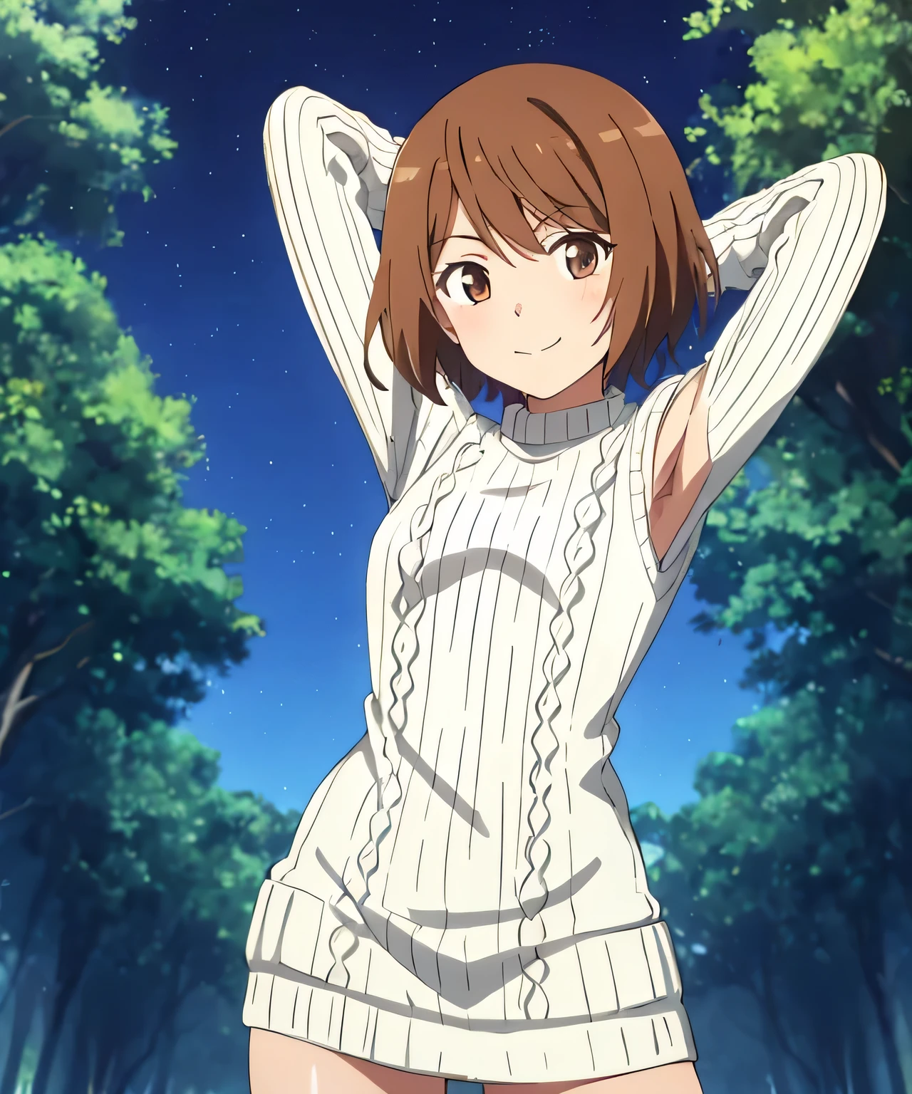 1girl, (shapely body), (solo), hdr, saiai kinuhata, solo, short hair, brown hair, brown eyes, jewelry, sweater, solo focus, solo, night sky, forest, arms behind head, contrapposto, spread armpits, closed mouth, smile, cowboy shot,, looking at viewer, v, white sweater, sweater dress, ;q