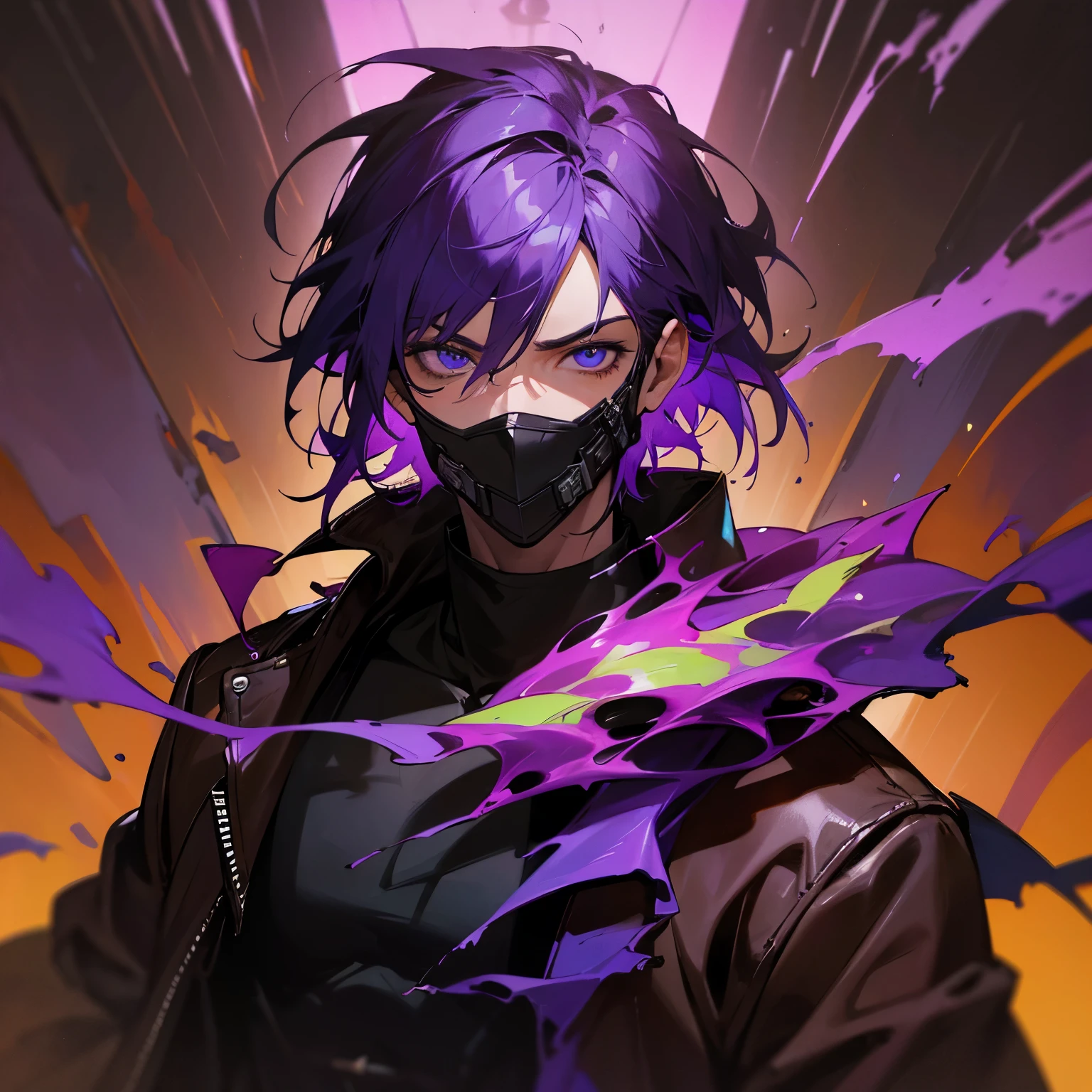 (best quality,highres),man with vibrant purple hair and eyes,black clothes with purple details,purple and black power wrapping around his body,torn brown leather jacket,mask on his face,portraits,vivid colors,medium:oil painting,dark and mysterious lighting