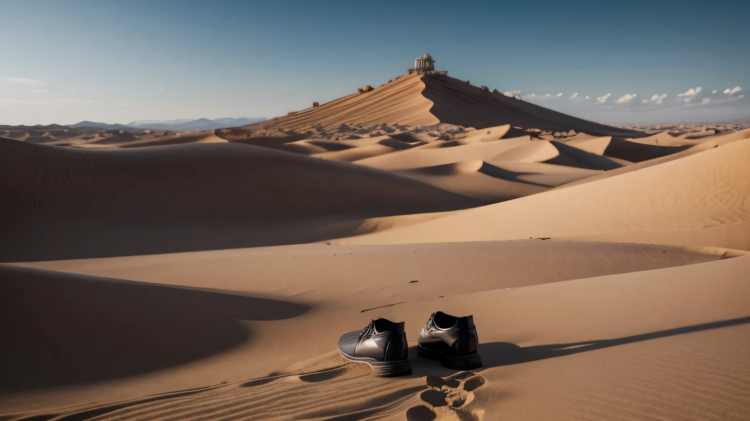 A pair of shoes in the middle of the desert. Dramatic lightining. Work of ark. 4k. Masterpiece. 8k.