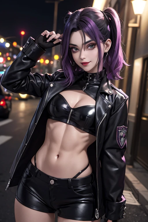Beautiful vampire police girl, cabelos curtos preto estilo French bob batido na nuca, olhos amarelos com maquiagem estilo punk, batom roxo, de noite, cidade noturna, chuva suave, usando blusinha cinza e saia, de jaqueta estilo punk, distintivo policial no cinto, defined abs, sorriso encantador