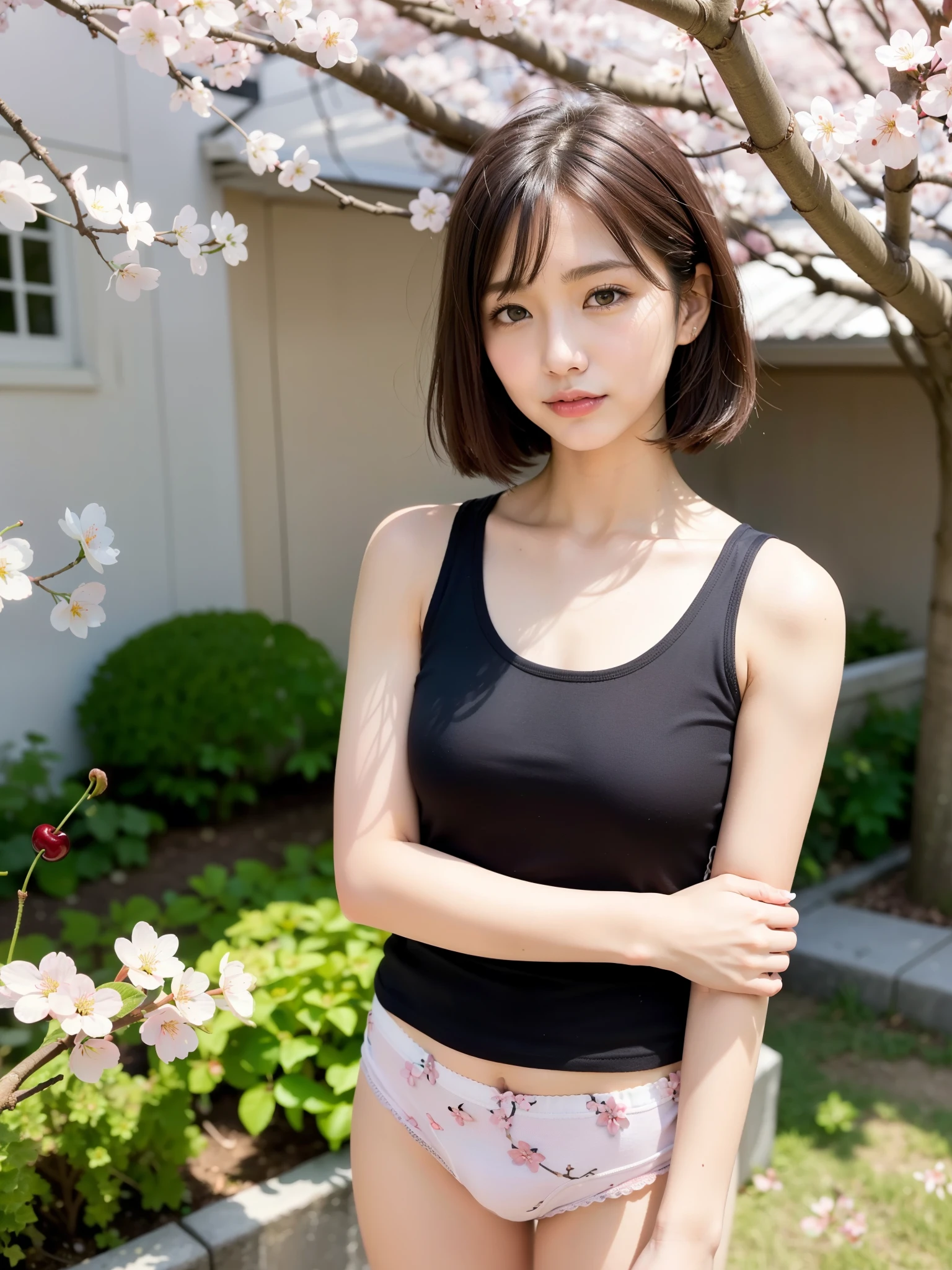 ((Best of the highest quality, 8k, Masterpiece: 1.3, raw photo)), Sharp focus: 1.2, (1 AESPA, slim body type female, 21 y/o: 1.1), (Solo: 1.2), (realistic, photo-realistic:1.37), face focus, cute face, finely eyes, (small breasts, flat chest, Thigh: 1.3), short messy hair, updo, (tank top, panties, cherry blossom: 1.4), garden,