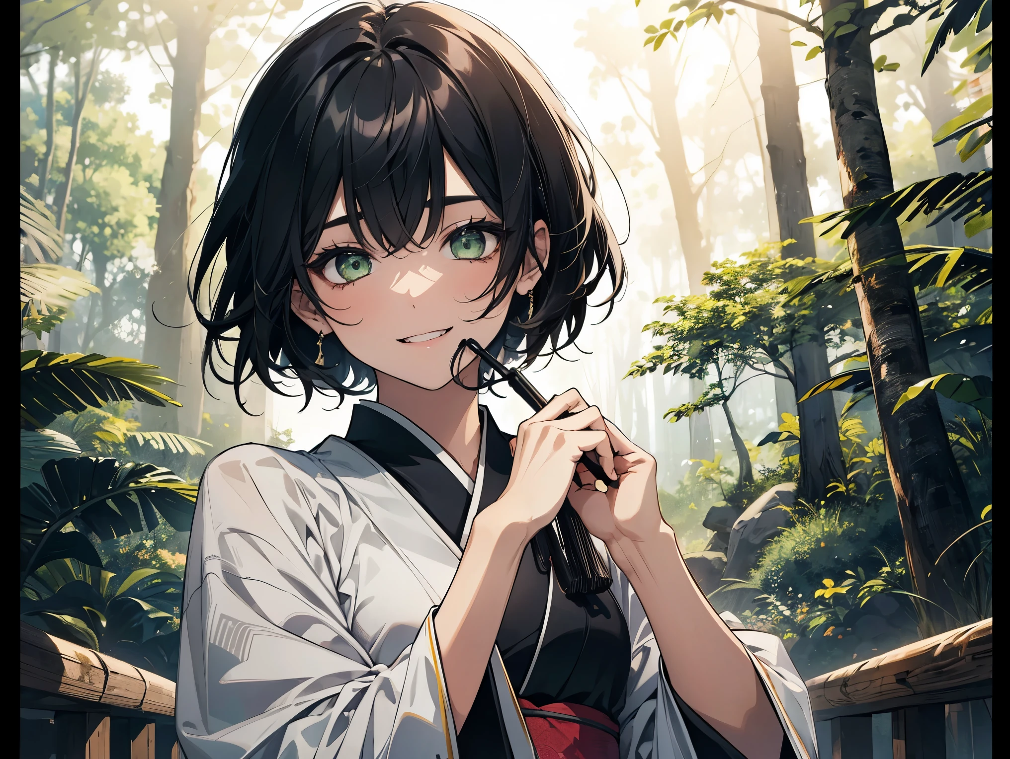 1female, a teenager, wearing black and white kimono, black hair, short hair, green eyes, face to detail, detailed eyes, the background is a calming forest in china, holding strings from spiders, laughing and having a good time