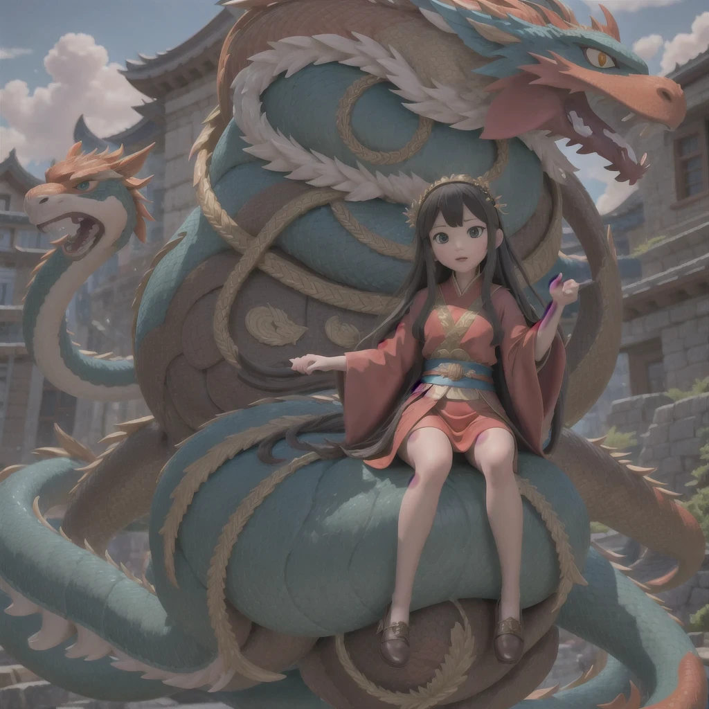 Middle school student in bright orange chiffon dress sitting on a large 鹿角 statue, queen of the sea mu 奈斯 ling, cinematic, by Super Realism, the dragon girl portrait, Guan Xiaotong fantasy, wl op and ross winter rain, ross netflix drama and crossing, full body, Ross Costume 8k,Hanfujia and art germ, Horse-faced skirt and f international star fan science fiction, 1girl, solo