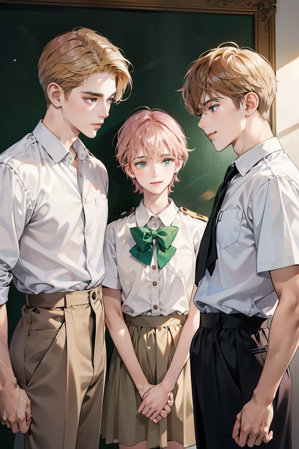 Friends, 3 boys, different hair color, short dark pink hair and brown eyes, short blonde hair and green eyes, short brown hair and brown eyes , in the school, side by side, cool, blonde hair boy is the tallest, light uniform, smile, white clothe