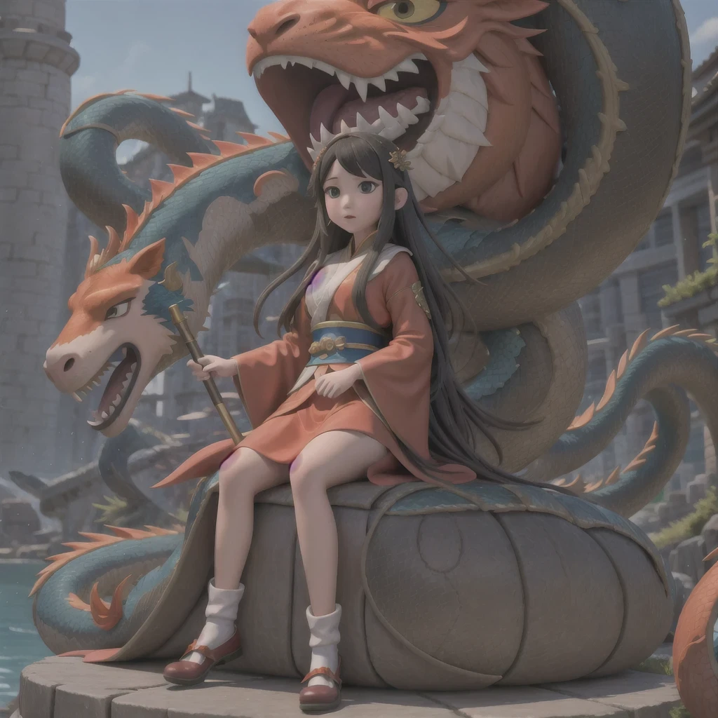  in bright orange chiffon dress sitting on a large 鹿角 statue, queen of the sea mu 奈斯 ling, cinematic, by Super Realism, the dragon girl portrait, Guan Xiaotong fantasy, wl op and ross winter rain, ross netflix drama and crossing, full body, Ross Costume 8k,Hanfujia and art germ, Horse-faced skirt and f international star fan science fiction, 1girl, solo