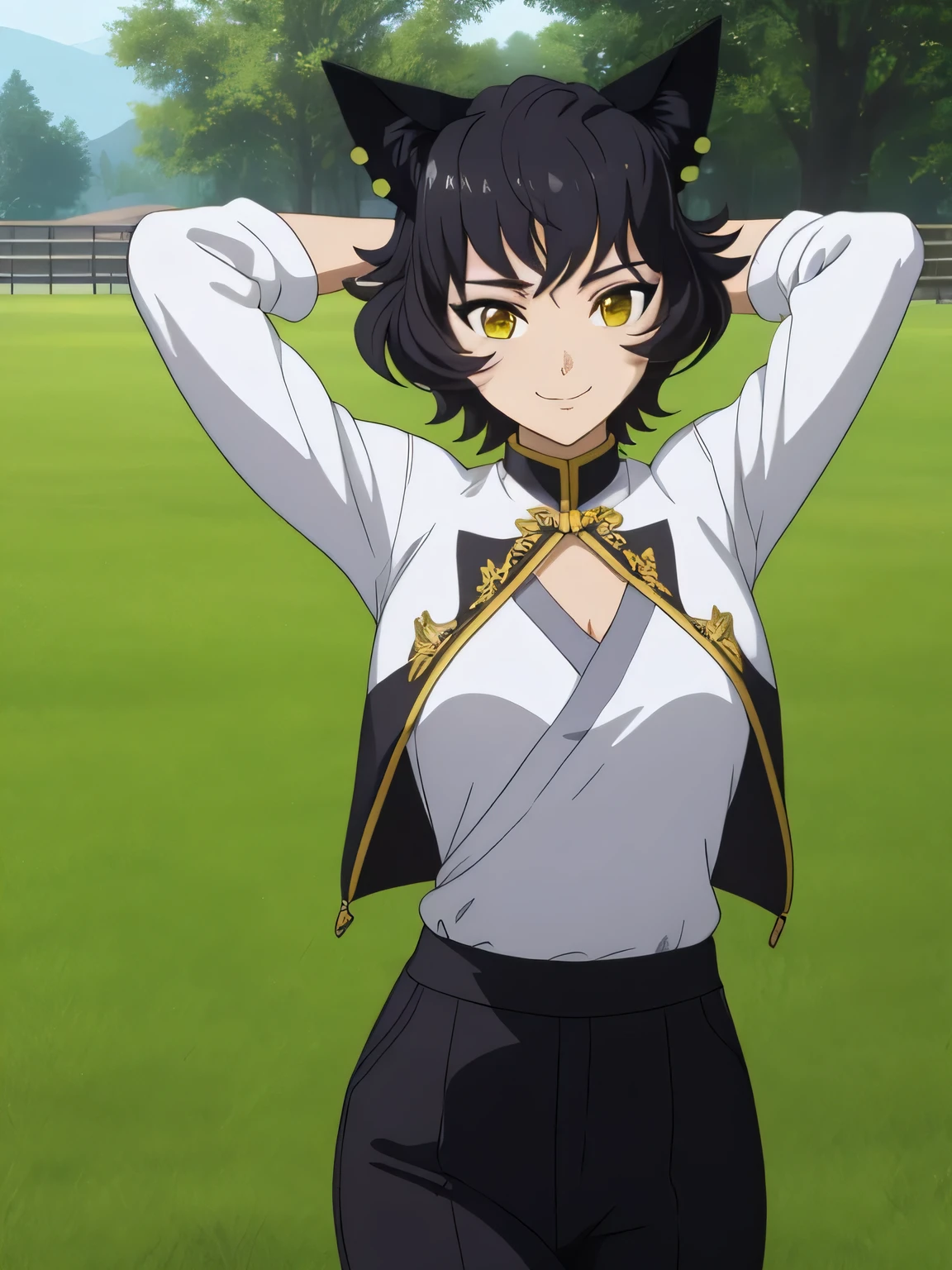 8k, highly detailed,
kali belladonna,
white shirt, black pants,
solo, on back, on grass, spread arms, arms up, closed mouth, smile, cowboy shot, looking at viewer