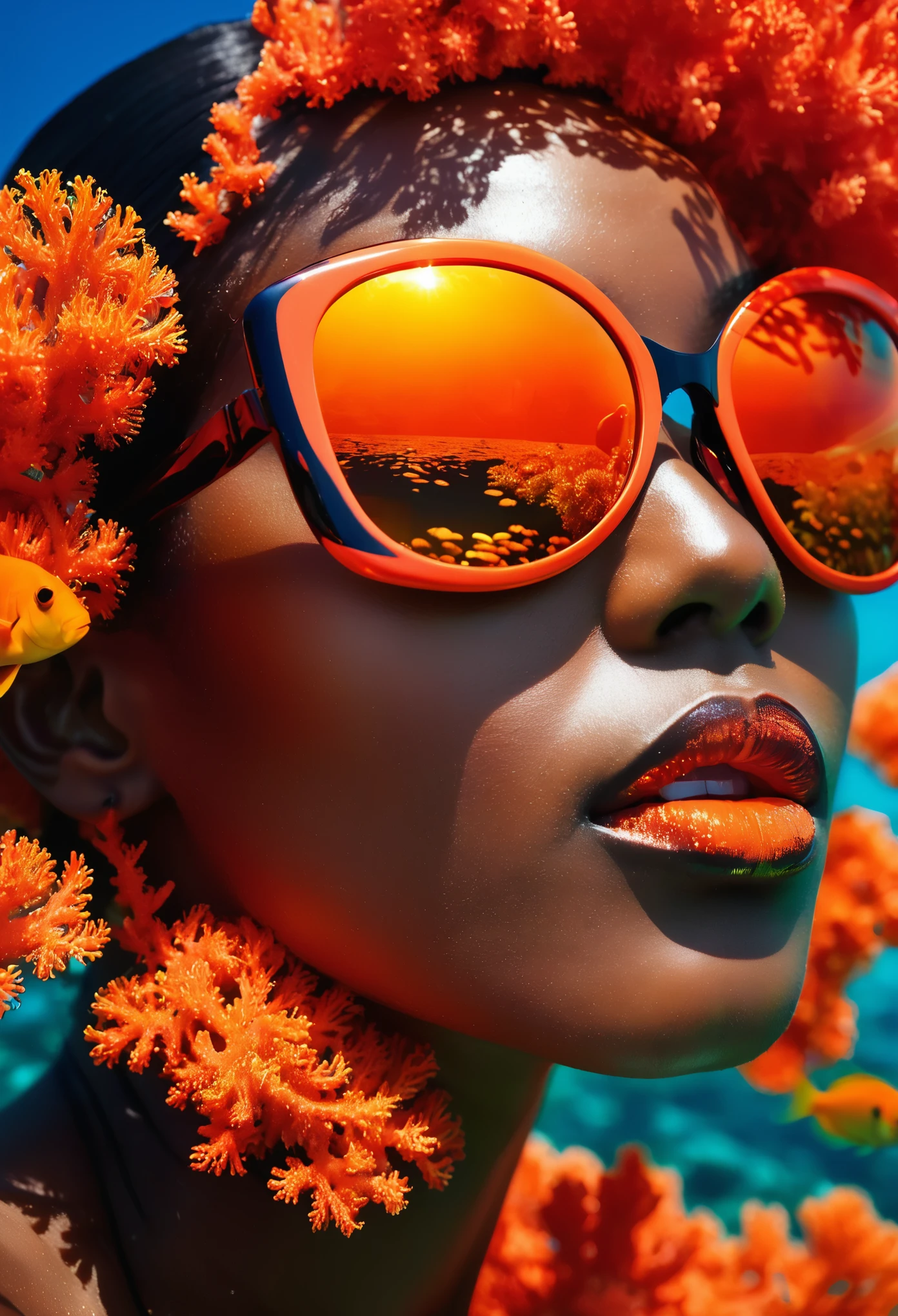 Close up shot Arafad image of a very beautiful black woman wearing black sunglasses with reflection of mandarinfishand coral reefs under the ocean reflecting in her black sunglasses, cosmic art fashion photography, In the red dream world, Portrait shoot, Inspired by Lan Ying, high fashion photography, Award-winning fashion photos, fine art portrait photography, 32k artistic portrait photography, fashion photography