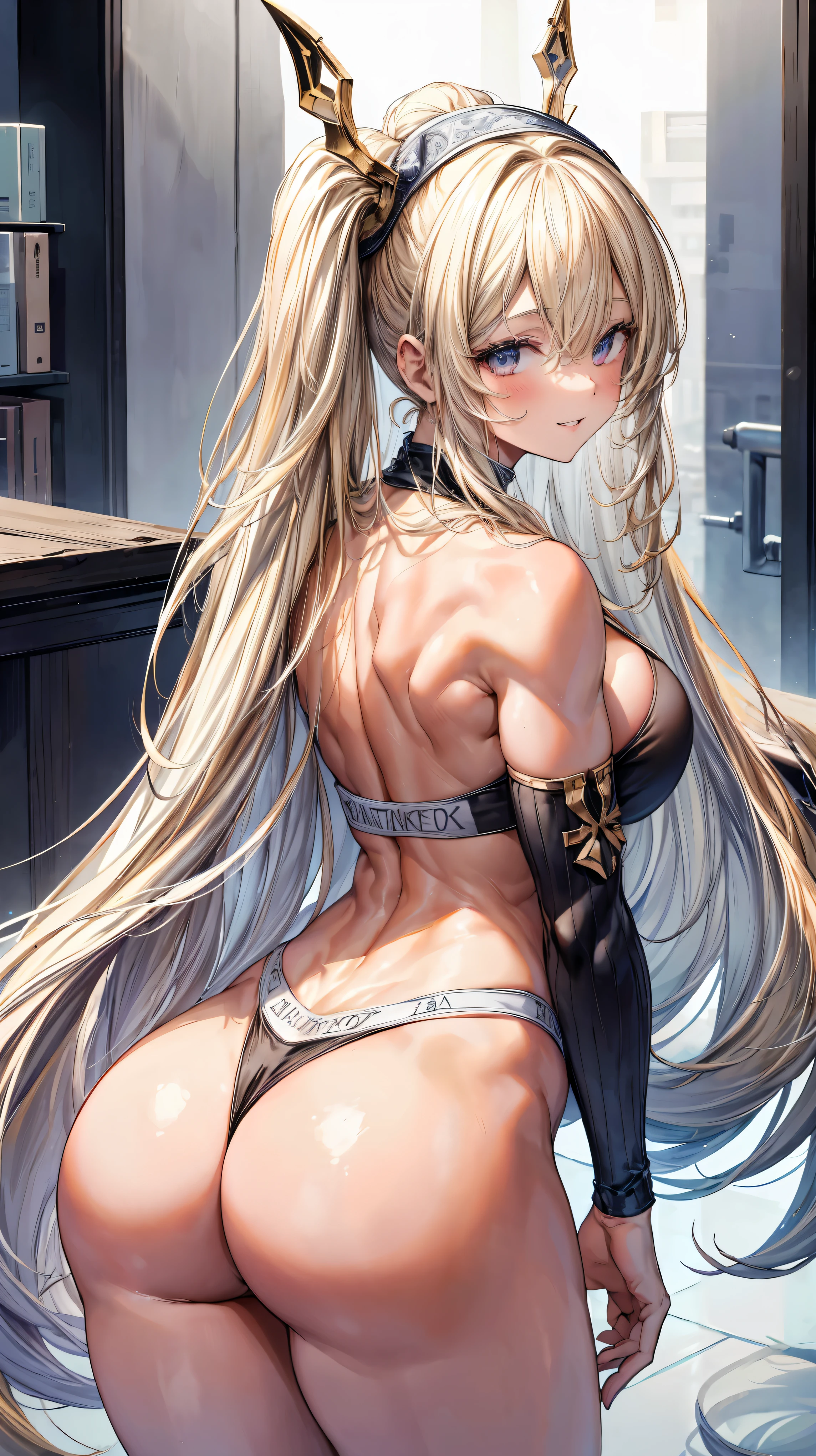 ultra-detailed、highest quality、Highest image quality、master piece、8K、smile、Wearing a headband、long blonde hair、(SFW huge body)、(((Rear view)))、cowboy shot、Wearing a thong