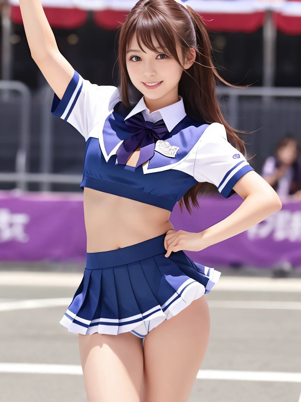 japanese girl、girl in her 20s、perfect body shape、Transparency、Hugeシジュウカラ、cheerleader uniform、Gravure idol pose、Huge 、shiny thighs