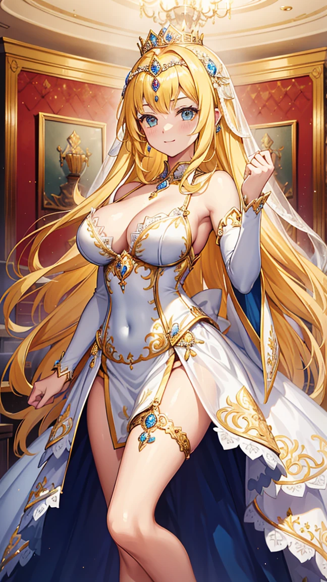 s girl,divino,Enchanted,Enchanted,blond hairbl,having fun,Being in love,,((The princess wears a white and yellow princess dress)),((blingbling))((Very Long voluminous Hair)),((gorgeous embroidery and lace)),((Gorgeous corsage)),See-through,(Gorgeous gold jewelry),(luxury hair ornament),((Luxurious crowns and jewels:1.1)),Silver Crown,intricate detailed clothes,(Diamond decoration),Royal motif,swim wears,inside in room,(Shine:1.2), (Best quality), (Masterpiece:1.2),Beautiful detailed face,