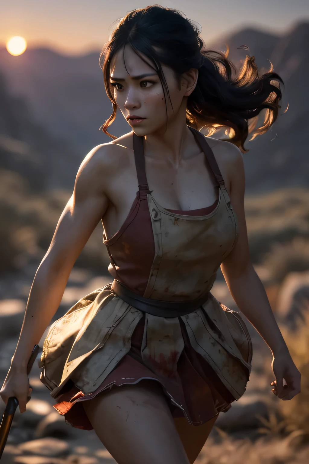 (masterpiece), (very complicated:1.3), (realistic), girl portrait, (dark fantasy, gore), (dynamic perspective), the most beautiful in the world, (waitress), outdoor, dynamic angle, running fighting stance, dry river bed, Kure, Haifa, Stunning female professional photo details, sharp focus, dramatic, Award history, cinematic lighting, Octane Rendering Unreal Engine, volumetrics dtx, (film grain, blurred background, blurred foreground, Bokeh, Depth of the bounds written, sunset), holding sickle