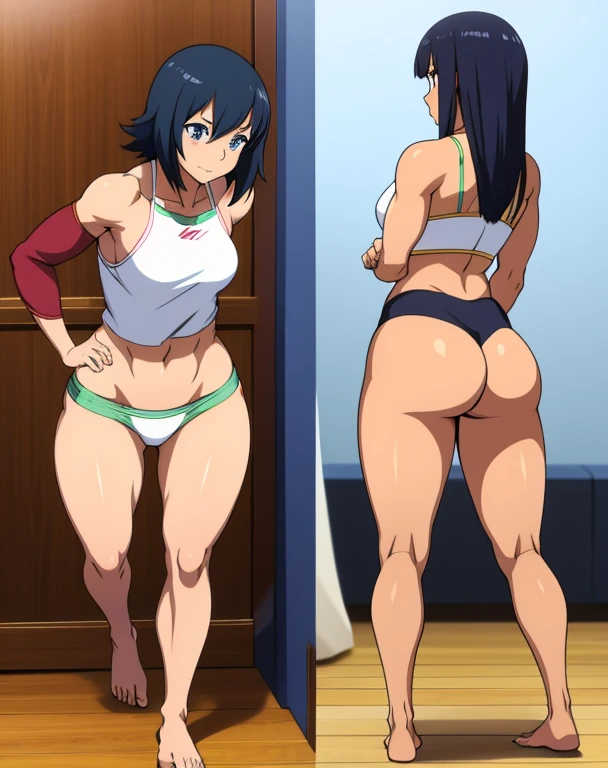 Anime woman, skimpy clothes, barefoot, feet visible, slightly muscular, front and back, big ass, small waist