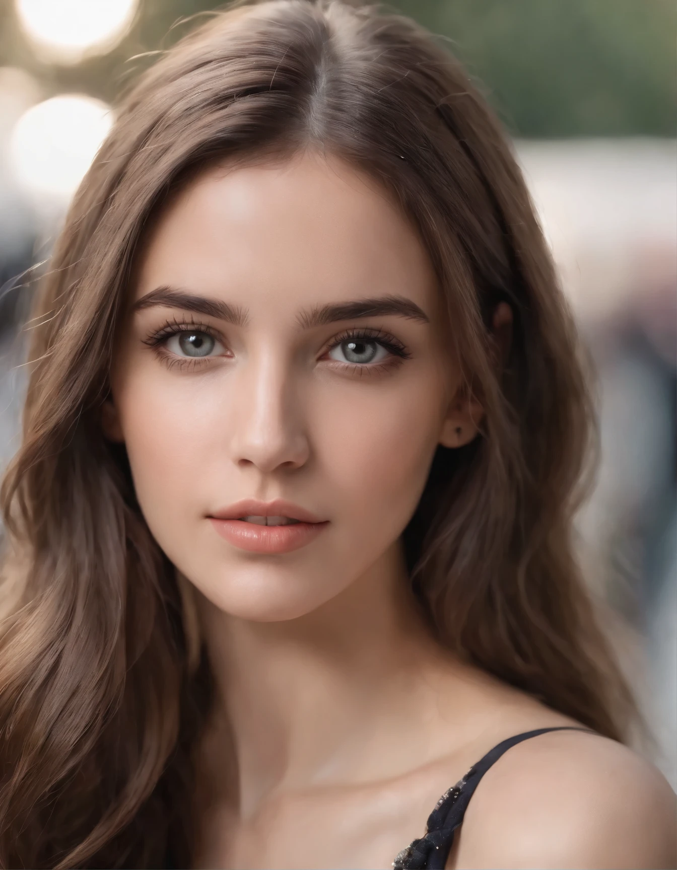 ((Macro close up-Hight quality, 8k UHD)), ((hyper realistic portrait of a 25-years-old girl)), brunette long hair, ((top model style with summer outfit front of the camera in Madrid)) ((ultra detailed gray eyes full of life, with white, black sparkles near the iris)). 