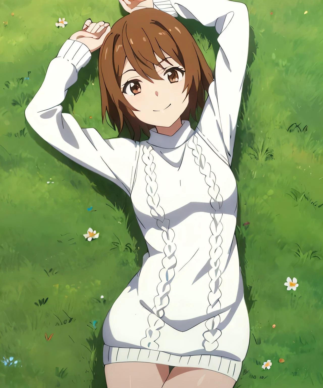 1girl, (shapely body), (solo), hdr, saiai kinuhata, solo, short hair, brown hair, brown eyes, jewelry, sweater, solo focus,  solo, on back, on grass, spread arms, arms up, closed mouth, smile, cowboy shot, looking at viewer, white sweater, sweater dress, 