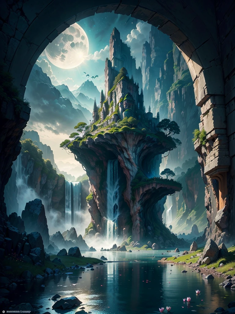 there is a large waterfall in the middle of a mountain, ancient city, epic matte painting of an island, the lost city of atlantis, an aztec city in a island lake, ancient city landscape, lost city of atlantis, marc simonetti. intricate, beautiful concept art, stunning concept art, highly realistic concept art, art style of marc simonetti, (((masterpiece))), best quality, high quality, extremely detailed CG unity 8k wallpaper, scenery, outdoors, sky, cloud, no people, mountain, landscape, water, tree, blue sky, waterfall, cliff, nature, lake, river, cloudy sky,award winning photography, Bokeh, Depth of Field, HDR, bloom, Chromatic Aberration ,Photorealistic,extremely detailed, trending on artstation, trending on CGsociety, Intricate, High Detail, dramatic, art by midjourney, tall waterfall, painting of a river with rocks and trees in the foreground, near a river, landscape, jungle, waterfall, crystal clear water, night light,((full moon)), colorful, river with rocks, rock bridge, epic, fantasy, ((roses and flowers on the banks of the pond)), ((oil painting)), moon landscape reflected in river, ((rock bridge))