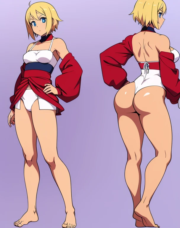 Anime woman, skimpy clothes, barefoot, feet visible, slightly muscular, front and back, big ass, small waist