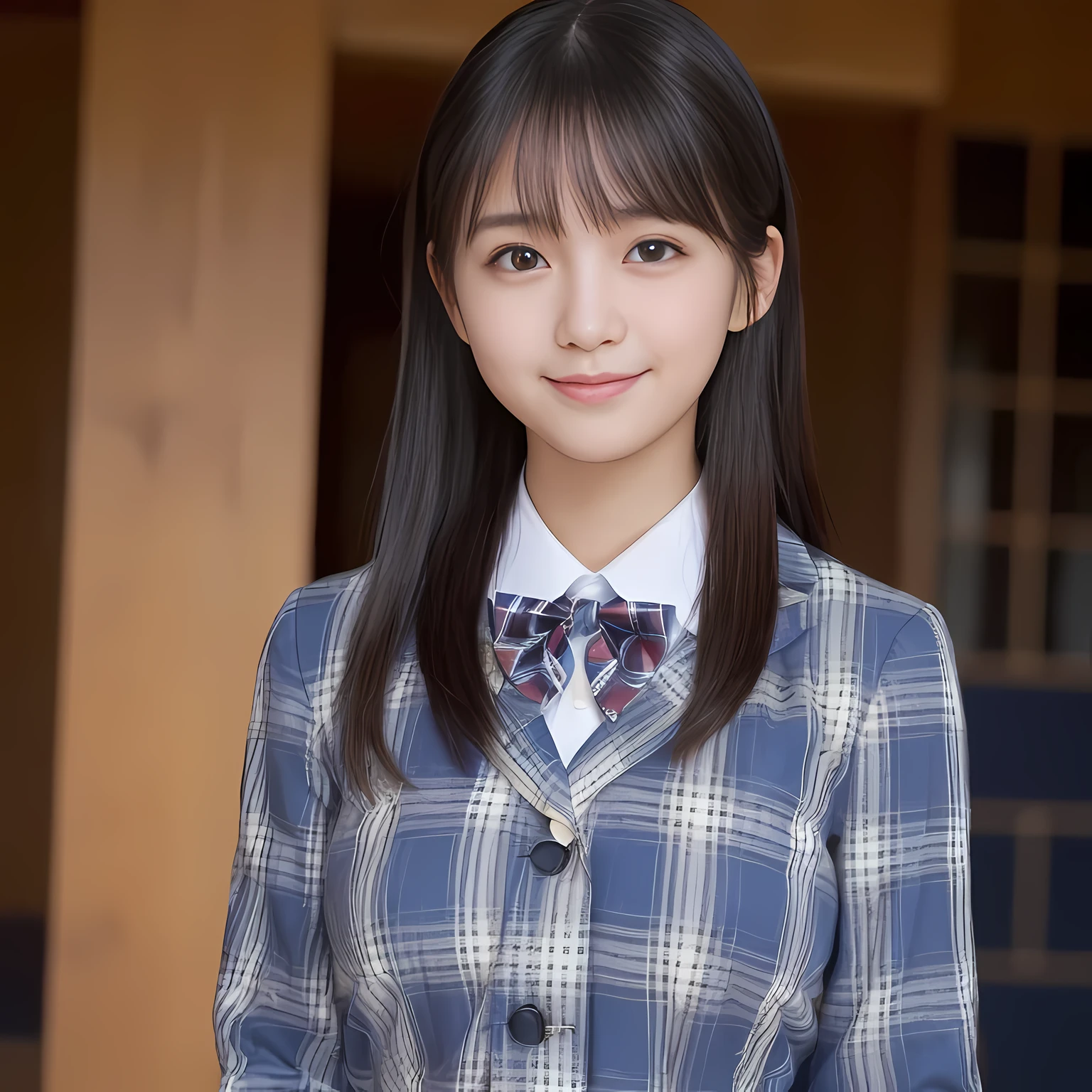 (highest quality、masterpiece:1.2)、highest quality、realistic、photograph、High resolution、1080p、8K、Pale, rough skin、The face is especially pale., physical rendering、((Height: 155cm)), one Japanese girl、((A 15-year-old siren who looks like a Japanese junior high school student)), , (((big very detailed beautiful dark brown eyes))), ((blue girly large wine-red glossy polyester Japanese school ribbon bow tie)), (((black beautiful long twin braids hair))), ((((deep blue colored tartan checkered formal long pleated pleated skirt)))), ((A formal dark blue blazer that is slightly oversized and has an emblem on the left chest.)), (((Looking at the viewers with loving eyes, smiling))), ((((((Very happy)))))), mouth is open, The big skirt is very cute, detailed fingers, Slender body, ((curled bangs)), so beautiful, long eyelashes, ((Very big and very very very cute eyes of a Japanese girl)), ((large pupils)), double eyelids, The entire skirt is photographed, thin eyebrows, ((drooping eyes)), ((long eyelashes)), ((cute lovely lovely laughing laughing cheeks)), ((Pure white light hits her face from above and in the front, making her skin and eyes shine beautifully.)), ((Strong light hits the nose and cheeks、It brings out the richness of the expression.)), (((((A very cute face with a rich expression and a pure look))))), shot from the side, ((idol face))