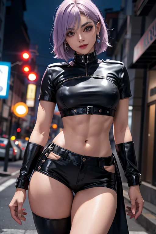 Beautiful vampire police girl, cabelos curtos preto estilo French bob batido na nuca, olhos amarelos com maquiagem estilo punk e batom roxo, de noite, cidade noturna, chuva suave, usando blusinha cinza e saia, de jaqueta estilo punk, distintivo policial no cinto, defined abs, sorriso encantador