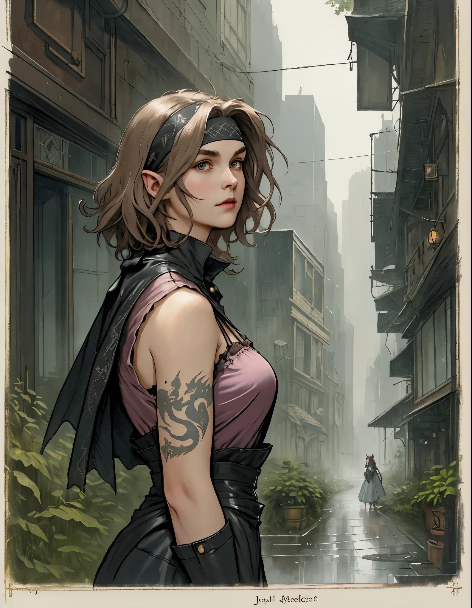 Realism, dark fantasy style, John Tolkien style, Small painting by Jean-Baptiste Monge, portraite of a, looks from the front, Soft facial features, wearing a headband with cat ears, Rocker Girl, Average height, plump dark pink lips, Engriberts eyebrows, dark brown eyes, looking at away,   short straight hair to shoulder blades, Straight short hair,  In a short dark silk fitted dress with a large cutout on the chest., big breastes, Bra, predatory nature, Standing next to a motorcycle, rain is dripping, The city, megalopolis, city trail, big house, glass skyscraper Jean-Baptiste Monge, anthropomorphic --ar 2:3 --testp -optimistic;