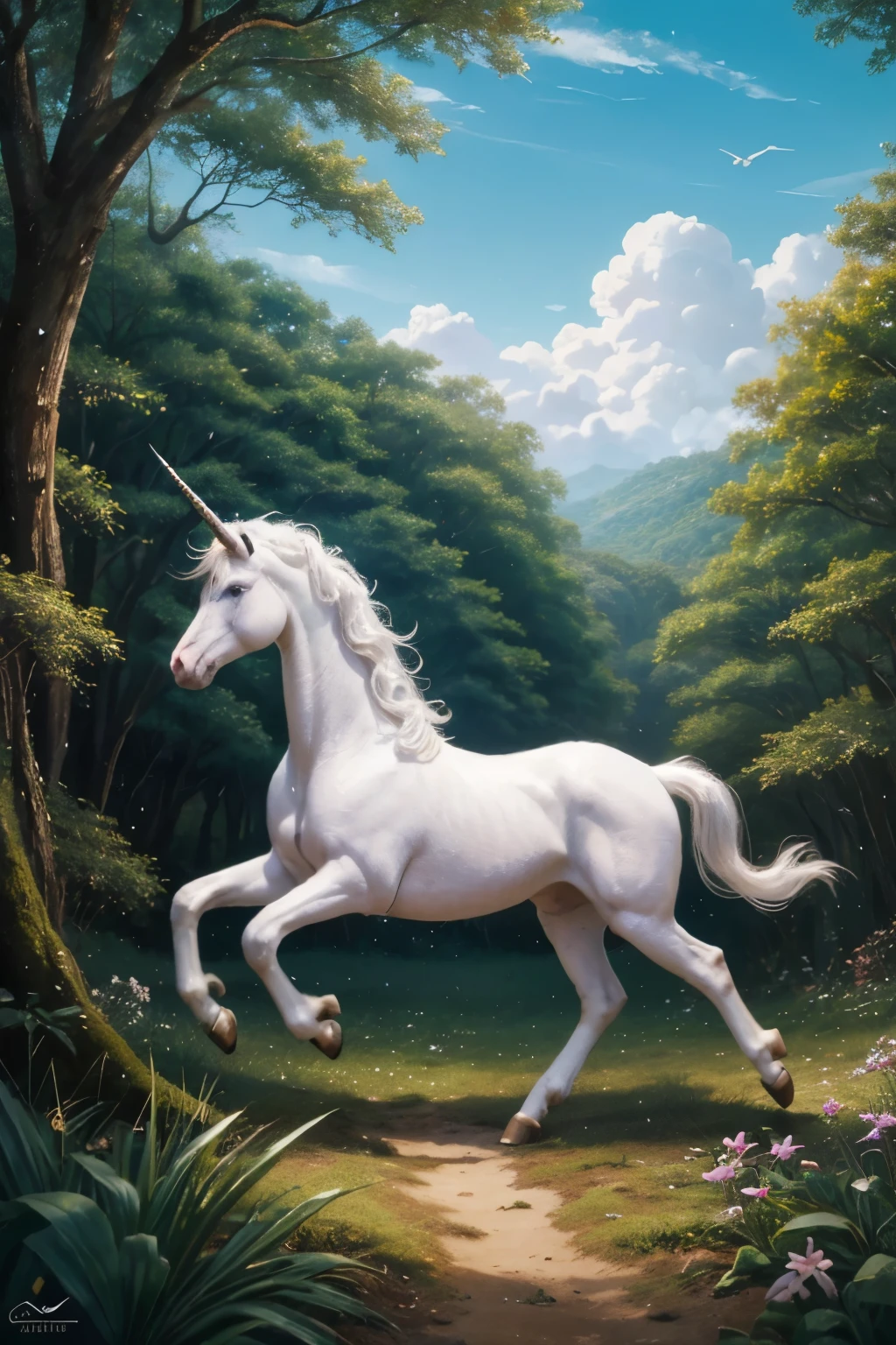 crie uma imagem em desenho de Estrelinha, the little white unicorn, explorando a Floresta Encantada pela primeira vez