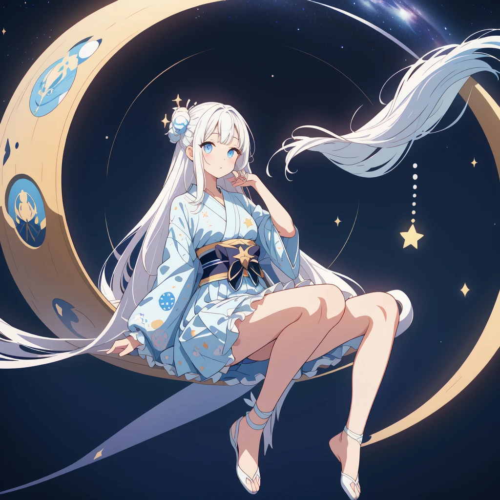 sitting on the crescent moon、(masterpiece, best quality), 1girl,  1girl、vtuber-fullbody、Star Fairy、「A beautifully printed galaxy patterned kimono and gothic ****ta outfit.、Space pattern box pleated mini skirt with ruffles、Front full body portrait、enchanting eyes、Perfect and stunning face、exquisite details、clear image、highest quality。」Milky white and light blue gradient straight long hair、