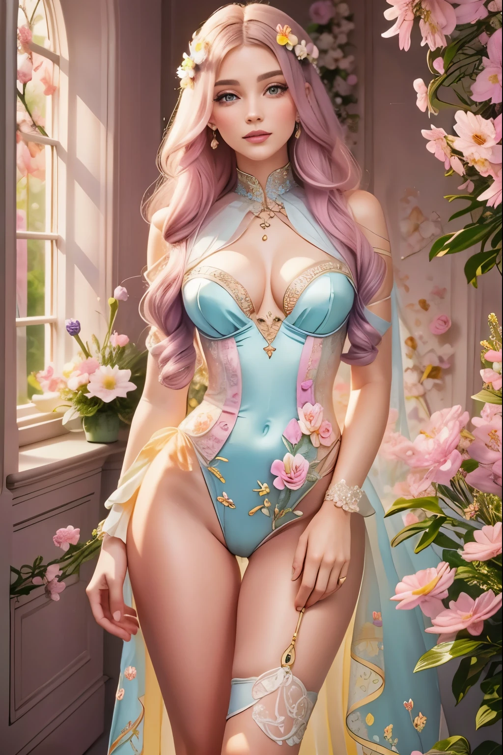 The Easter egg is adorned with an intricate design featuring roses, daisies, and lilies in pastel shades of pink, yellow, and lavender. The flowers are meticulously detailed, with shimmering dewdrops adding a touch of realism. The background is a soft, pale blue, enhancing the beauty of the floral motifs. The overall effect is one of exquisite beauty, capturing the essence of springtime and the joy of Easter.