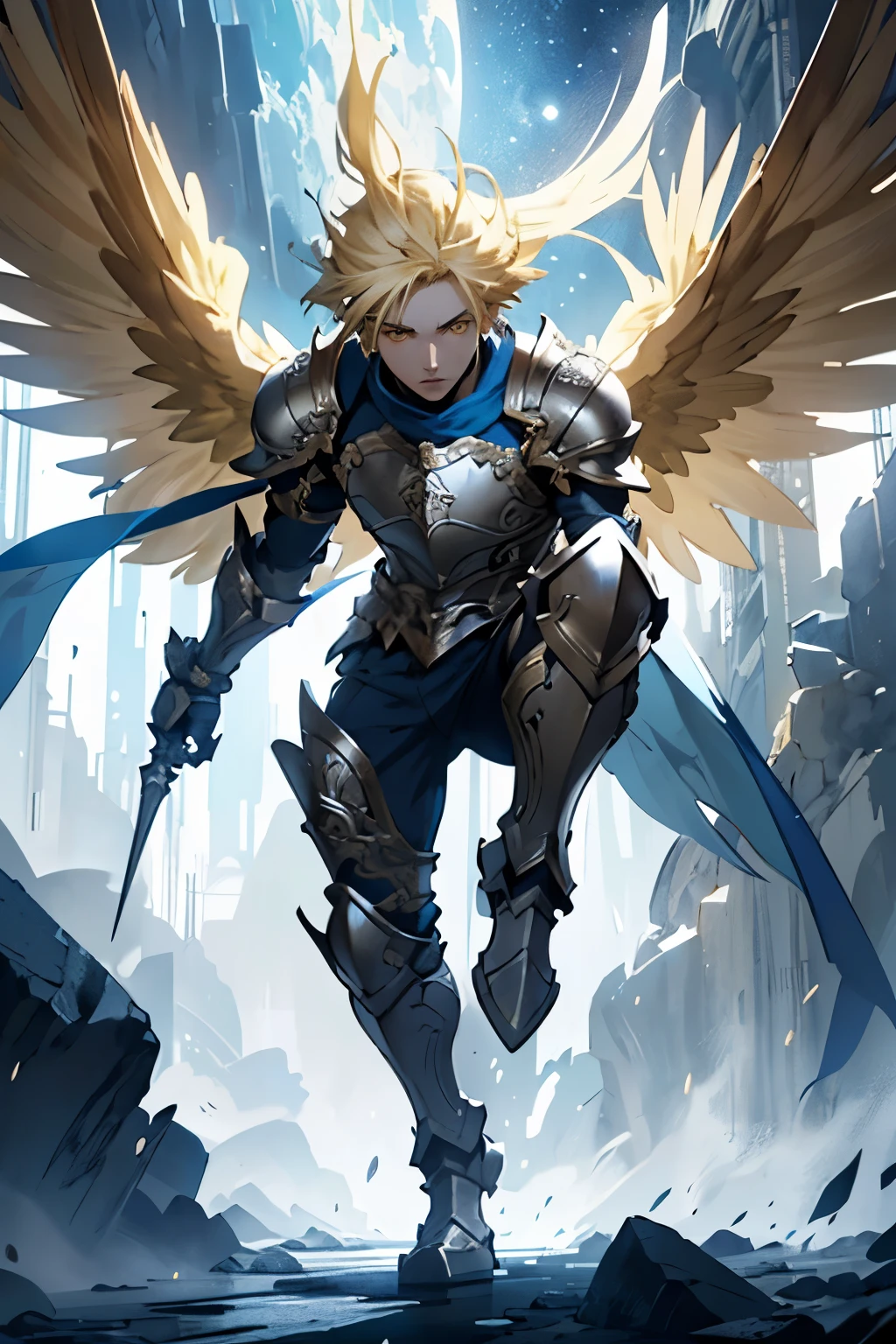 full body of a male character, blue and silver colored armor, with light blue celestial wings, (((blond hair))), yellow eyes, short hair, anime style, detailed eyes, perfect eyes, epic, dramatic, fantastic, full body, intricate design and details, dramatic lighting, detailed face, dramatic photo, epic photo, full body, pose, perfect face;