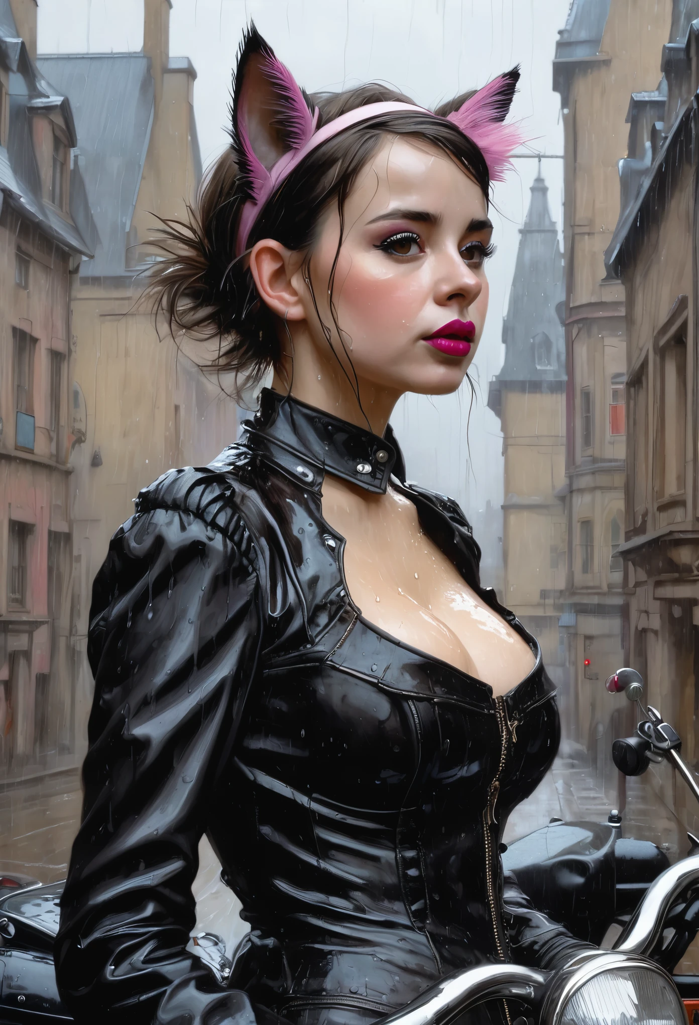 Realism, dark fantasy style, John Tolkien style, Small painting by Jean-Baptiste Monge, portraite of a, looks from the front, Soft facial features, wearing a headband with cat ears, Rocker Girl, Average height, plump dark pink lips, Engriberts eyebrows, dark brown eyes, looking at away, short straight hair to shoulder blades, Straight short hair, In a short dark silk fitted dress with a large cutout on the chest., big breastes, Bra, predatory nature, Standing next to a motorcycle, rain is dripping, The city, megalopolis, city trail, big house, glass skyscraper Jean-Baptiste Monge, anthropomorphic --ar 2:3 --testp -optimistic;
