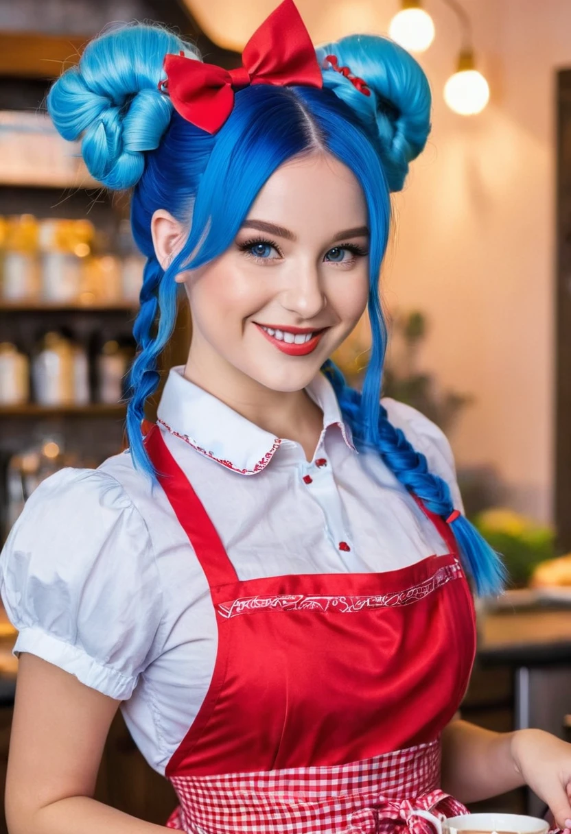 She has bright blue hair, twin buns, a cute smile, well-defined features, a small face, half-Russian, and wears a red apron that accentuates her G-cup bust.