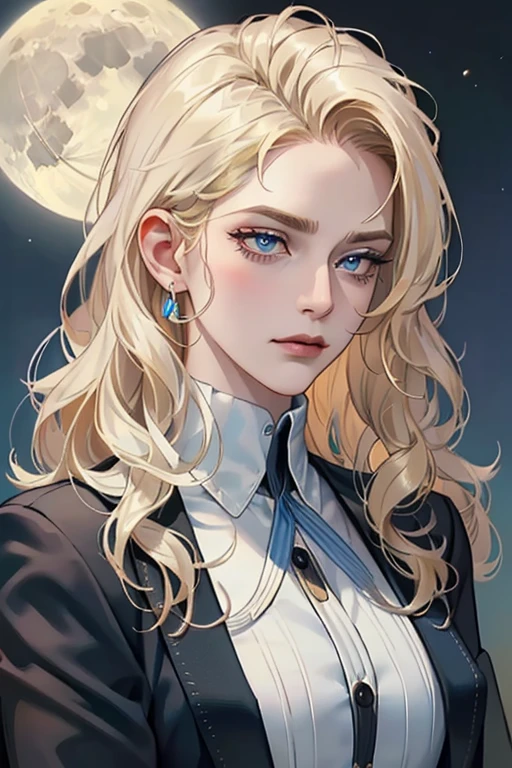 masterpiece, Best quality, night, full moon, 1 girl, mature woman, (blonde hair), long and wavy hair, tranquility, Intellectual, medium hair, blue pupils, hairpin, Beautiful face, face close up, Hand close-up, business suit, White shirt, black dress pants, serious face, closed mouth 