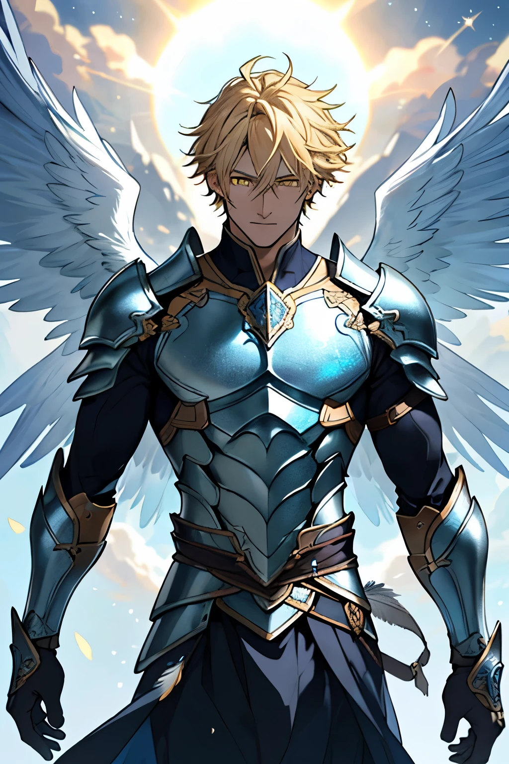 In the heart of a breathtakingly epic and dramatic scene, a male character stands proudly with his full, toned body encased in brilliant blue and silver armor. The intricate design and details of the armor shimmer and gleam under the dramatic lighting, enhancing its fantastical beauty. A pair of light blue celestial wings expand behind him, their feathers catching the light as they sway gently in the wind. His golden blond hair is short and neatly styled, framing a face with perfectly detailed features. His yellow eyes, as bright as the sun, pierce through the atmosphere with an intensity that leaves one in awe. The anime style of this masterpiece brings every element to life, from the