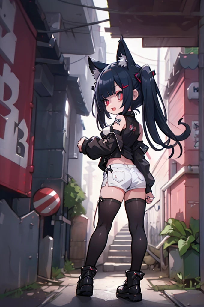 (2D:2.0),draw black outline,#Quality(8k,best quality,masterpiece,cinematic),solo,#1girl,cute,lifts up her clothes,nipples, kawaii,,smile,open mouth,hair floating,black hair and mesh by white,twin tail hair,pale skin,skin color blue,eyes are red,red eyes shining,big eyes,ripped clothes:1.8,tight tube top,breast,tight hot pants,dynamic pose:1.6,bust shot:1.4,portrait:1.6,stomach seen little,punk fashion),#background(outside,back alley,narrow street,dark,neon lights,future city),dynamic angle