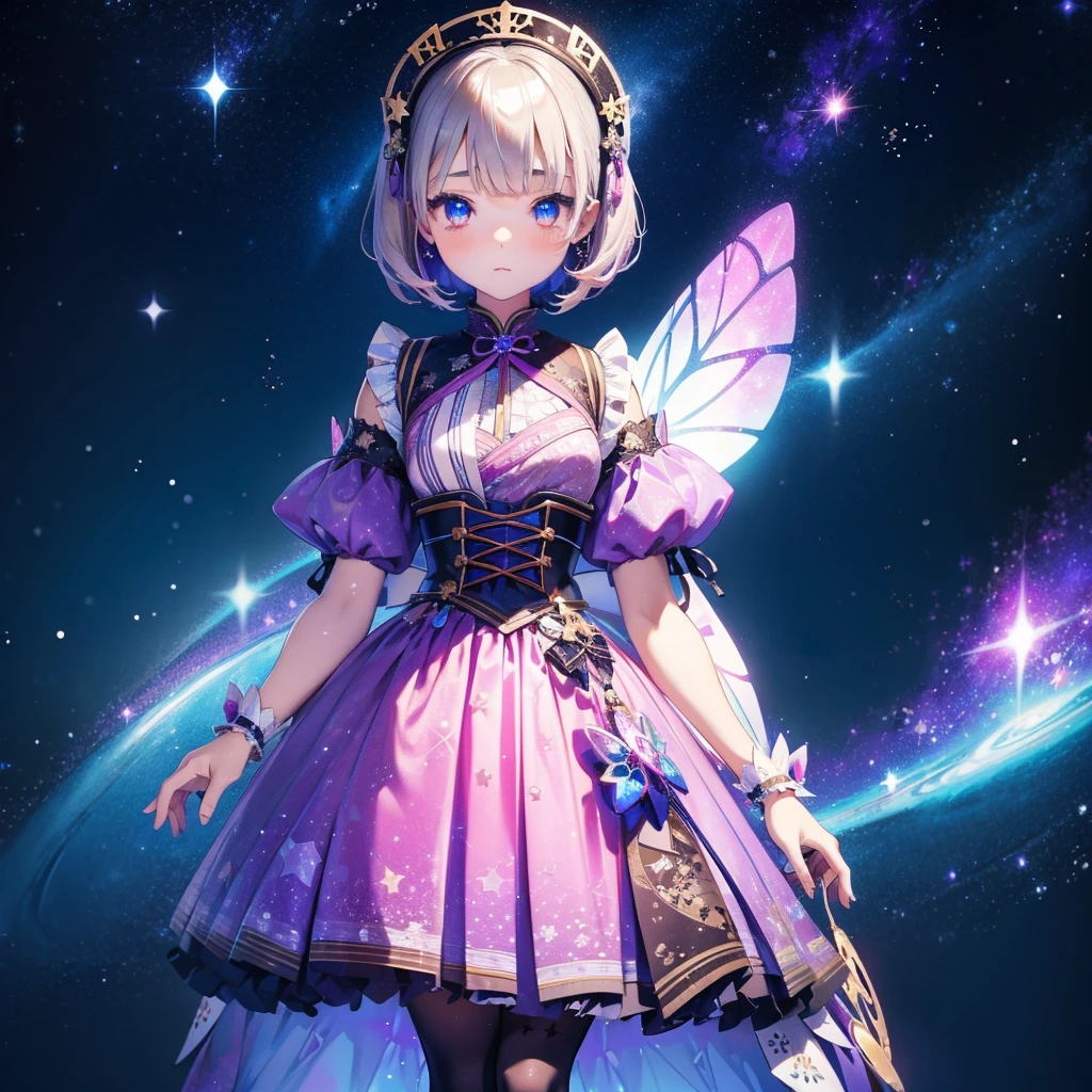 1girl、vtuber-fullbody、Star Fairy、「A beautifully printed galaxy patterned kimono and gothic ta outfit.、Space pattern box pleated mini skirt with ruffles、Front full body portrait、enchanting eyes、Perfect and stunning face、exquisite details、clear image、highest quality。」short hair、simple background、