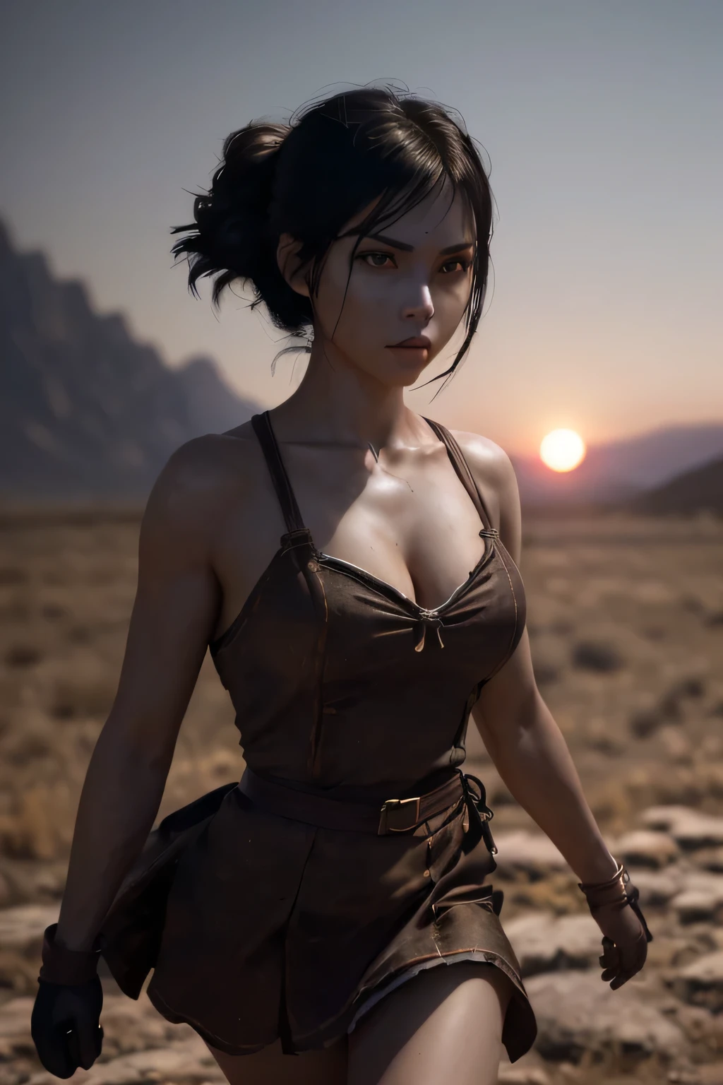 (masterpiece), (very complicated:1.3), (realistic), girl portrait, (dark fantasy, gore), (dynamic perspective), the most beautiful in the world, (waitress), outdoor, dynamic angle, running fighting stance, dry river bed, Kure, Haifa, Stunning female professional photo details, sharp focus, dramatic, Award history, cinematic lighting, Octane Rendering Unreal Engine, volumetrics dtx, (film grain, blurred background, blurred foreground, Bokeh, Depth of the bounds written, sunset), holding sickle