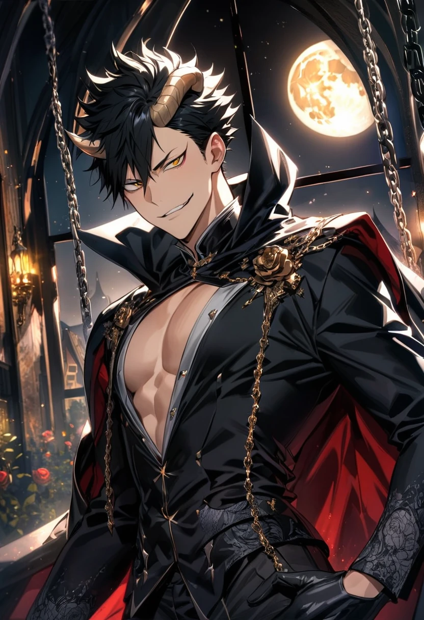 Ultra detailed, Highres, absurdres, HDR, Kuroo Tetsurou, black hair, golden eyes, Haikyuu, black gloves, black cape, bare chest, prince cool clothes, 1 man only, moon, window, roses, handsome, chains, demon horns, smirking