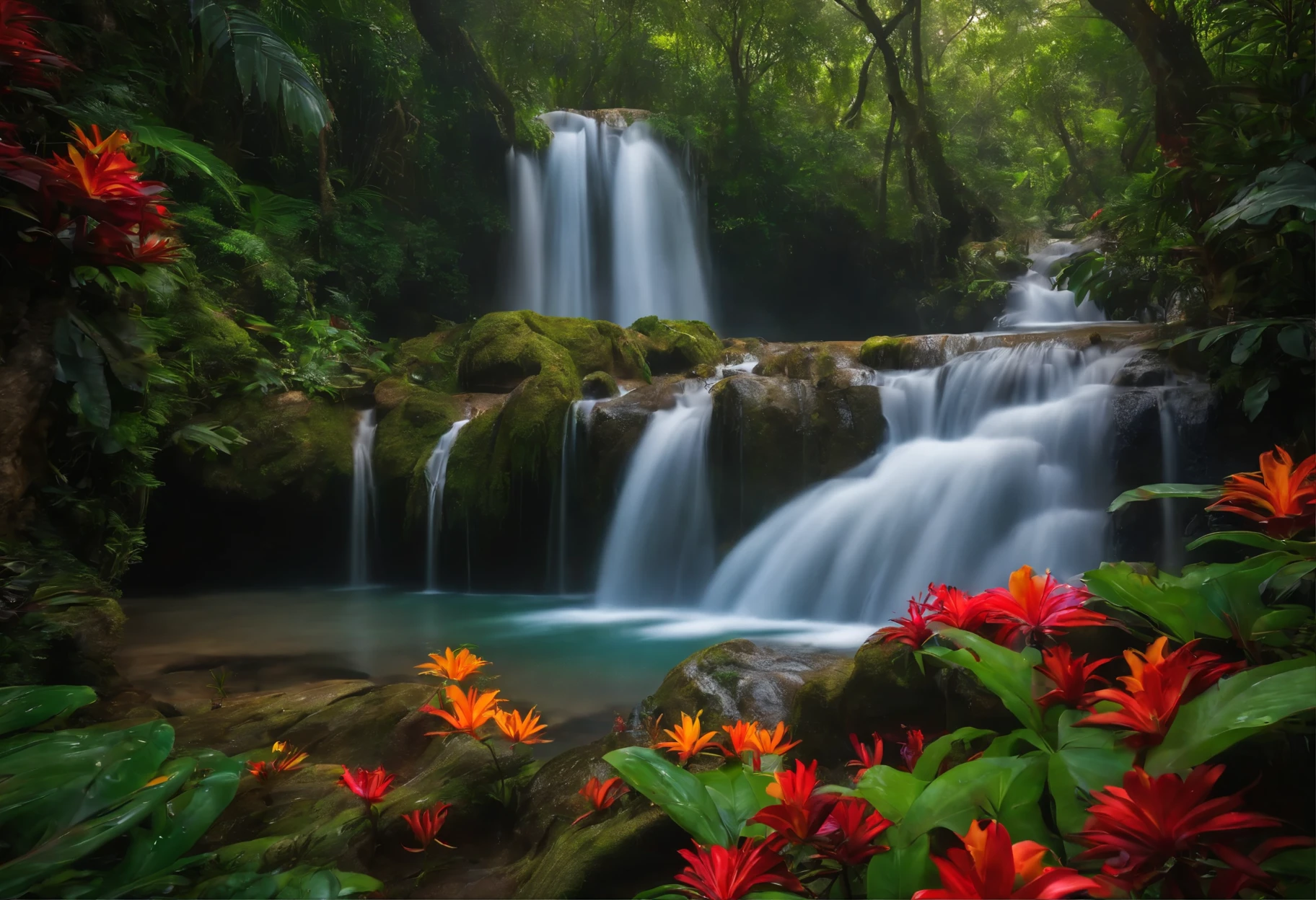 As it delved deeper into the dense foliage, 
a selva revelava suas maravilhas, 
 cachoeiras majestosas que desaguavam em piscinas cristalinas, 
Vibrant flowers blooming 
in spectacular hues and exotic animals