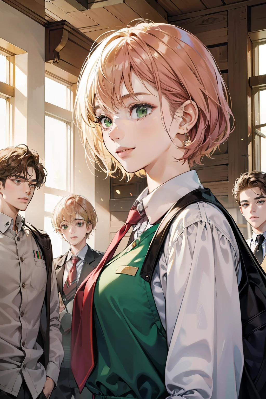 Friends, 3 boys and one girl love, different hair color, short dark pink hair and brown eyes, short blonde hair and green eyes, short brown hair and brown eyes , in the school, side by side, cool, blonde hair boy is the tallest, light uniform, smile, white clothe