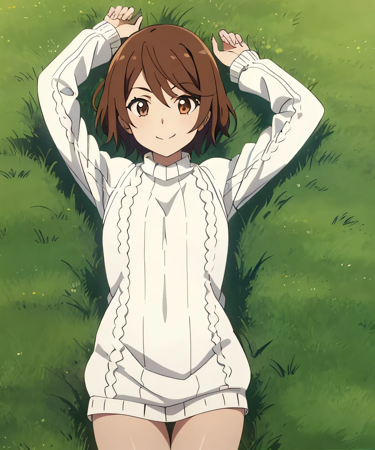 1girl, (shapely body), (solo), hdr, saiai kinuhata, solo, short hair, brown hair, brown eyes, jewelry, sweater, solo focus,  solo, on back, on grass, spread arms, arms up, closed mouth, smile, cowboy shot, looking at viewer, white sweater, sweater dress, 