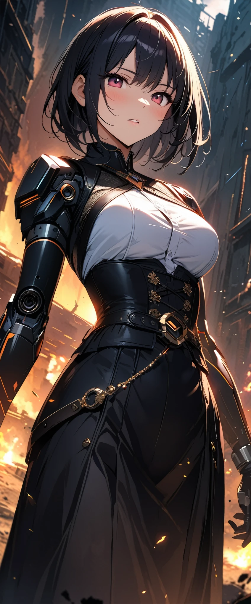 (((masterpiece)))、((highest quality))、(super detailed)、(CG illustration)、(very beautiful girl))、cinematic light、(((1 Mechanical Girl)))、 Science fiction、Apocalypse、Eroguro、battlefield(beautiful and luxurious:1.2)、(1 girl:1.3)、facing the front, (double breasted,under bust:1.2), button gap,(((corset belt))),(((high waist skirt,)))