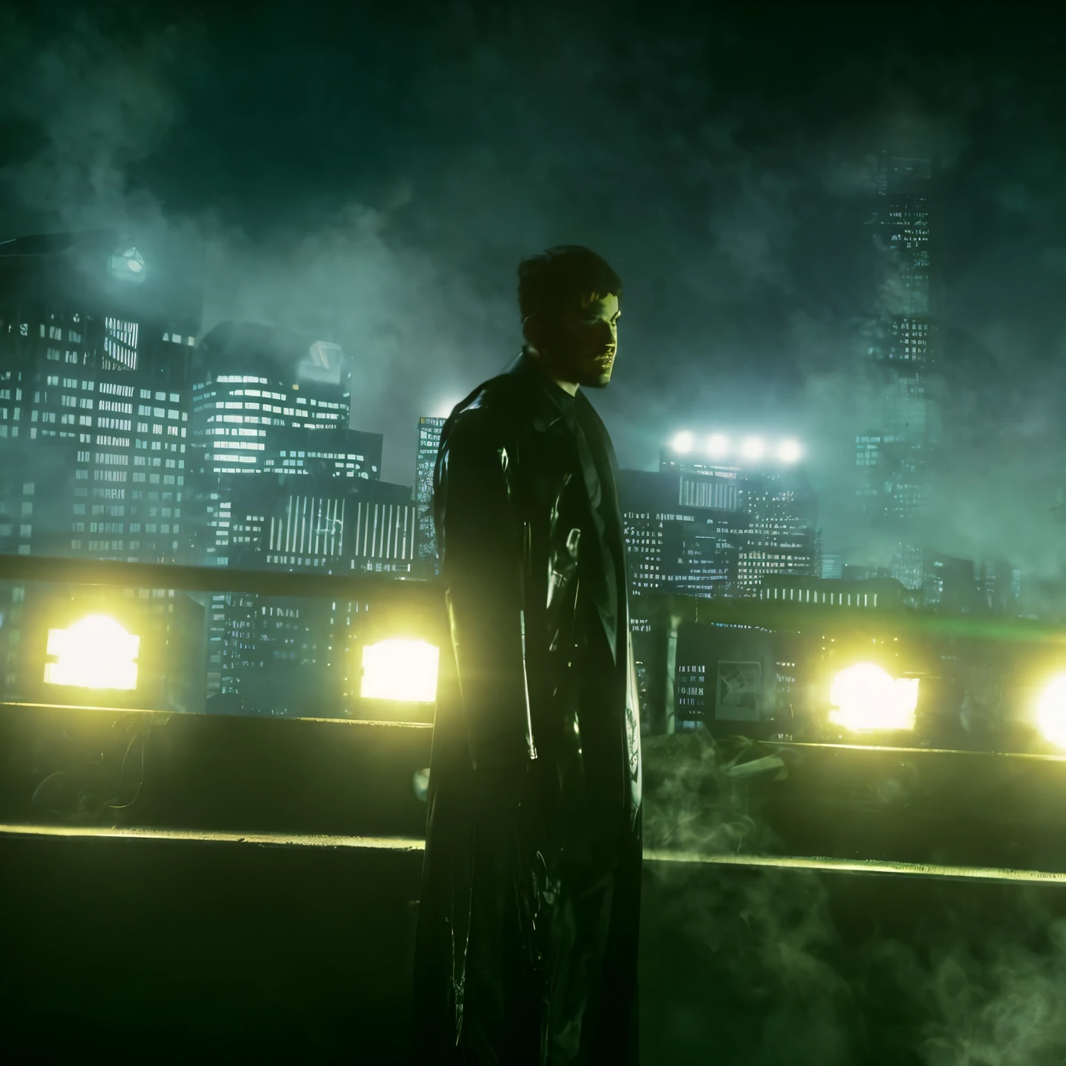 man arks in the dark with a city in the background, smoky atmosphere, cyberpunk art, in bladerunner city, beaten tech. neo noir style, with cinematic lighting, vfx powers at night in the city, 4 k resolution blade runner, movie still 8 k, neo from matrix, beautiful and cinematic lighting, digital art, cinematic lighting, depth of field, glowing light, reflection light, god rays, ray tracing, drop shadow, from side, atmospheric perspective, vanishing point, dutch angle, cowboy shot, multiple views, 16k, 8k, highres, award winning, best quality, high details, super detail, anatomically correct, neo - noir setting, 