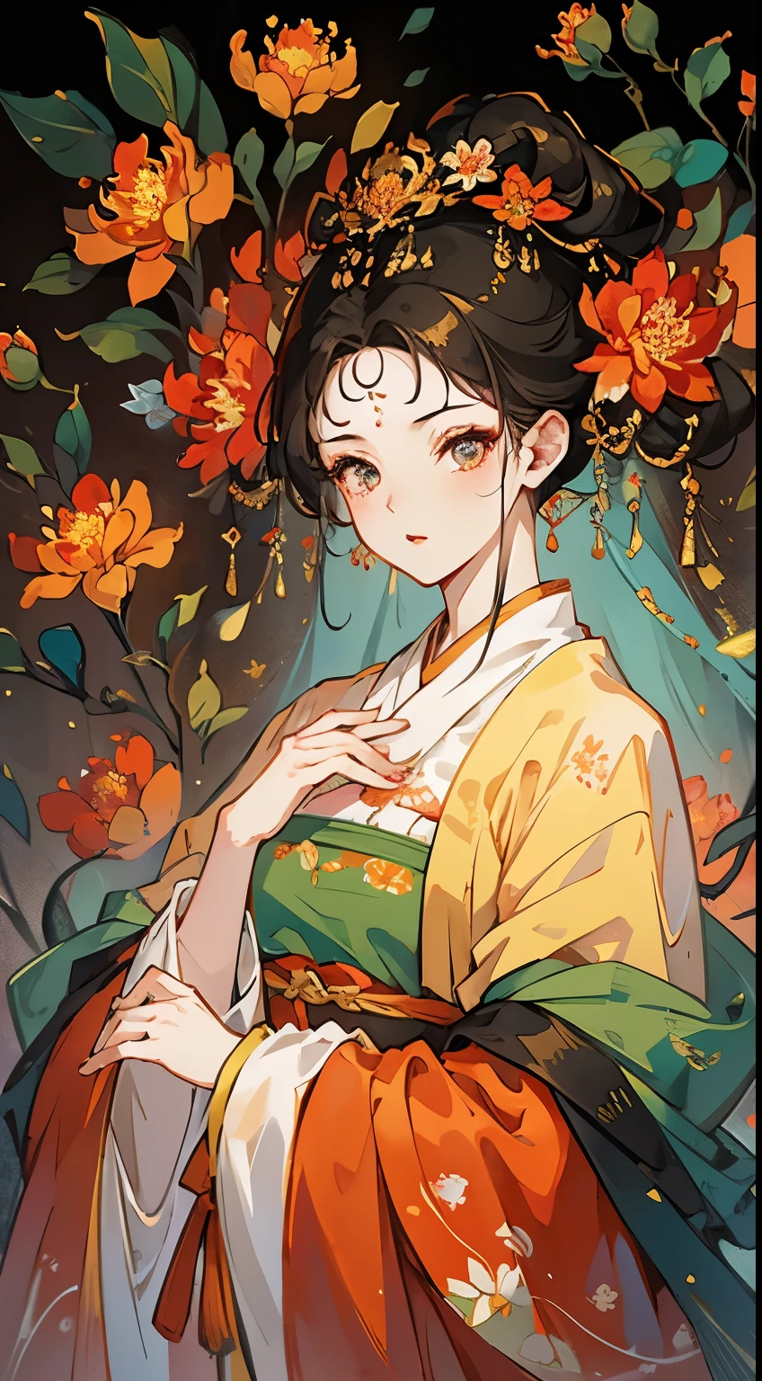 (Huang Li,high resolution,Super detailed),1 sister,solo,very detailed eyes,Osmanthus elements(official art,Beautiful and beautiful:1.2),(fractal art:1.3),most detailed,(fractal art: 1.1), (rich and colorful: 1.1) (floral pattern: 1.3)