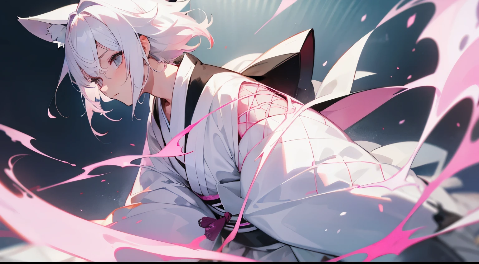 White hair with pink mesh、The bangs are swept to the center、Japanese boy with wolf cut