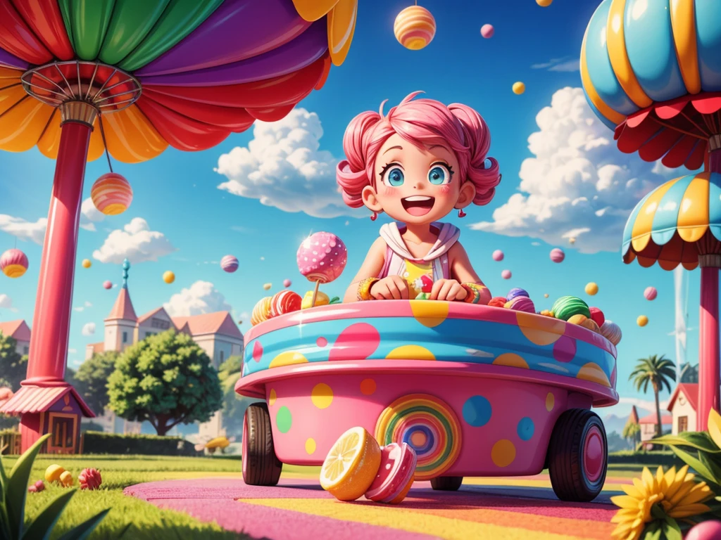 (best quality,4k,8k,highres,masterpiece:1.2),ultra-detailed,(realistic,photorealistic,photo-realistic:1.37),colorful,candyland,delicious,candy,scrumptious,sweet,sugary,tasty,lollipops,cotton candy,gumdrops,candy canes,chocolate bar,marshmallows,jelly beans,sprinkles,gumballs,sour candies,fruit-flavored candies,licorice,rainbow,clouds,candy-themed landscape,playful,joyful,whimsical,children,kids,enjoying,picnic,fun activities,carousel,roller coaster,ferris wheel,slides,swings,ice cream,kids playing,laughter,happiness,sky,fluffy clouds,pink,blue,purple,yellow,green,red,bright,cheerful,festive,dreamy,soft lighting,sparkles