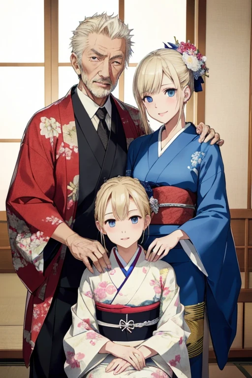 ((highest quality)), ((masterpiece)), (be familiar with), perfect face、perfect proportions
(Blonde wife、Blue-eyed wife、semi-long、Yakuzaの妻、豪華なkimono、Engagement Rings)、kimono、Yakuza、90Getting along with the old man、90歳男Japan人、marriage、Japan、90歳男性Yakuzaの親分、marriage式
