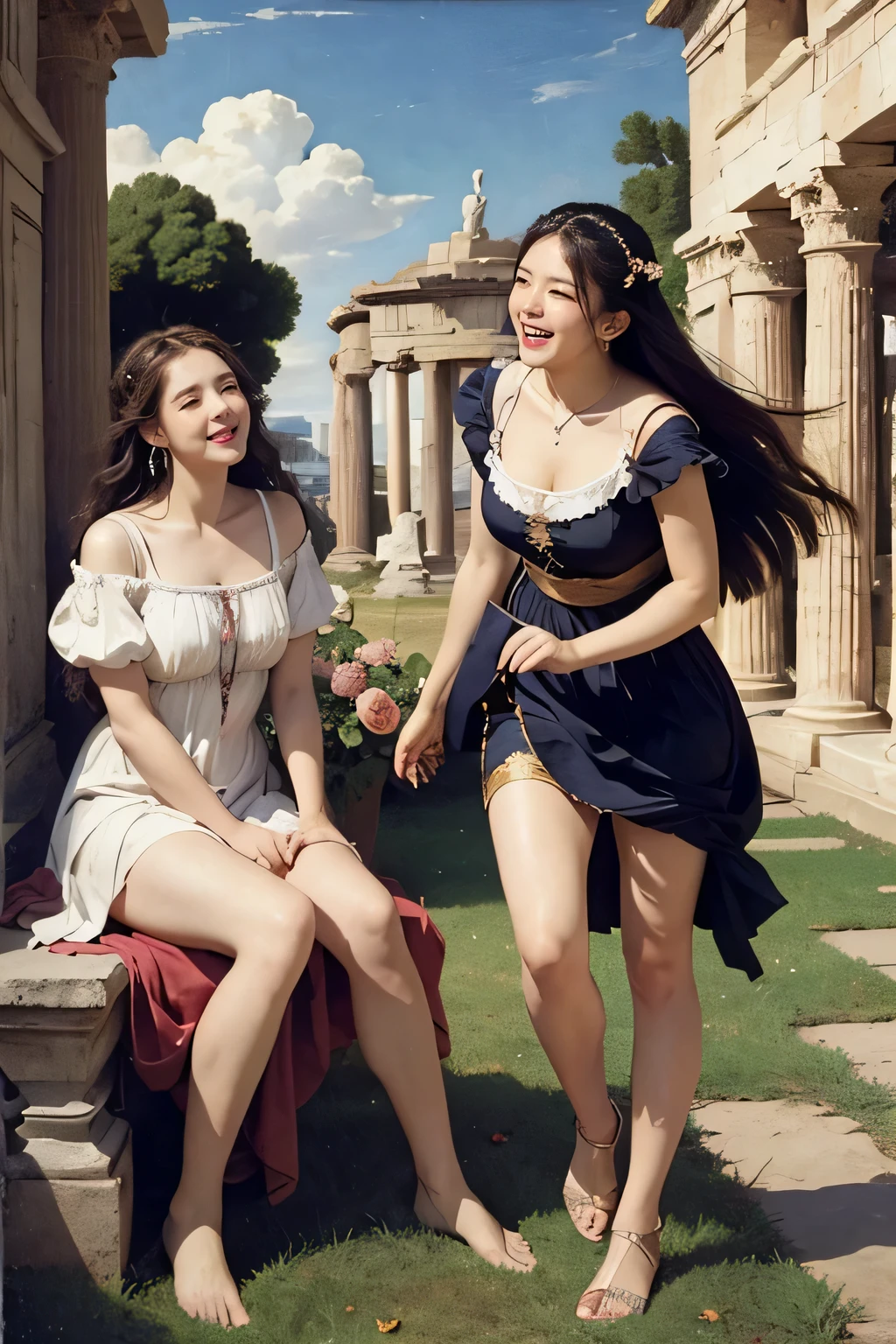 full body portrait or statue、Giorgione painting style,Arguments of two female Philosophe,math、astronomical machine、astronaut、roses in vase、fruits、Cute trinkets、smile、ancient greek costume、Ancient Roman landscape in the style of Nicolas Poussin,laughter,,Sweet and seductive appearance.、Caravaggio's paintings、Chiaroscuro of Caravaggio、hair tousled by the wind,Two women frolicking,cute smile, expression of ecstasy,Sexy,erotic