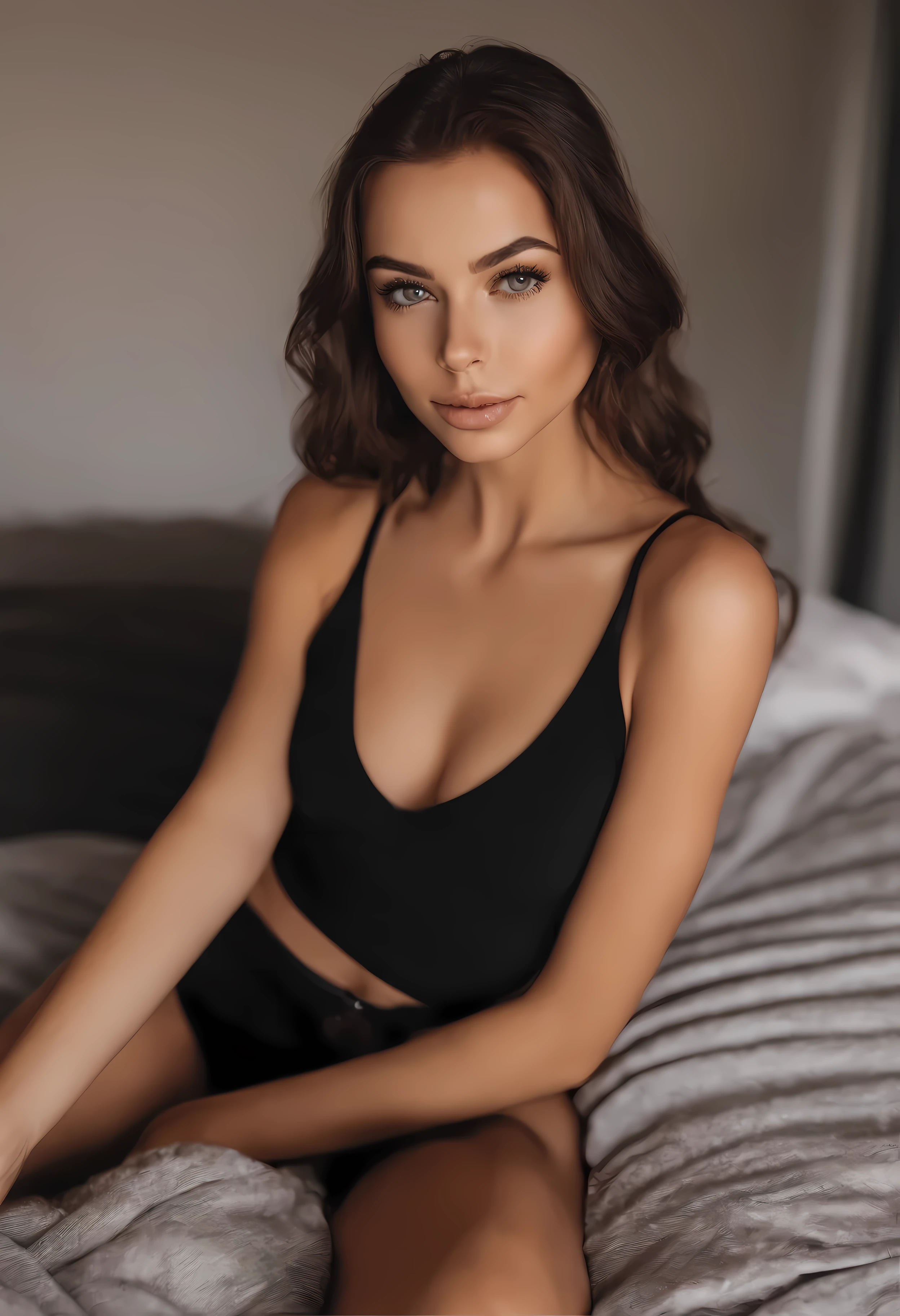 arafed woman with matching tank top and panties, sexy girl with brown eyes, portrait sophie mudd, brown hair and large eyes, selfie of a young woman, bedroom eyes, violet myers, without makeup, natural makeup, looking directly at the camera, face with artgram, subtle makeup, stunning full body shot, in bedroom, C-cup cleavage