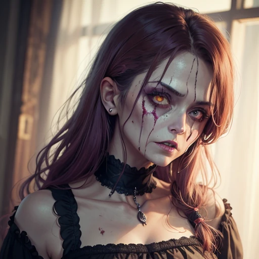Makima de chainsaw man, qualidade alta, 8k, ((alta qualidade)) mulher madura, milf, olhando para espectador, hands with drips of blood, vestido preto, ((apertado)), pequenas manchas de sanguem no rosto, corrente ao fundo, Reflex lighting