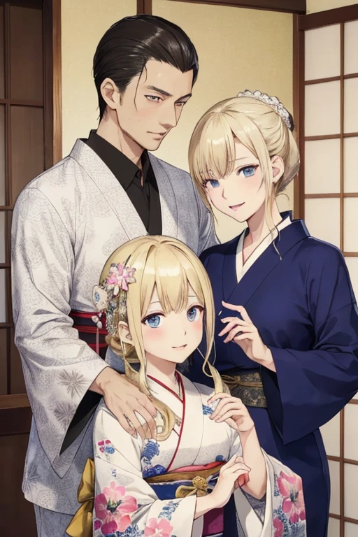 ((highest quality)), ((masterpiece)), (be familiar with), perfect face、perfect proportions
(Blonde wife、Blue-eyed wife、semi-long、Yakuzaの妻、luxurious kimono、Engagement Rings)、Yakuzaの着物、Yakuza、90Getting along with the old man、90歳男Japan人、Yakuzaと結婚、Japan、90歳男性Yakuzaの親分、Yakuzaの結婚式