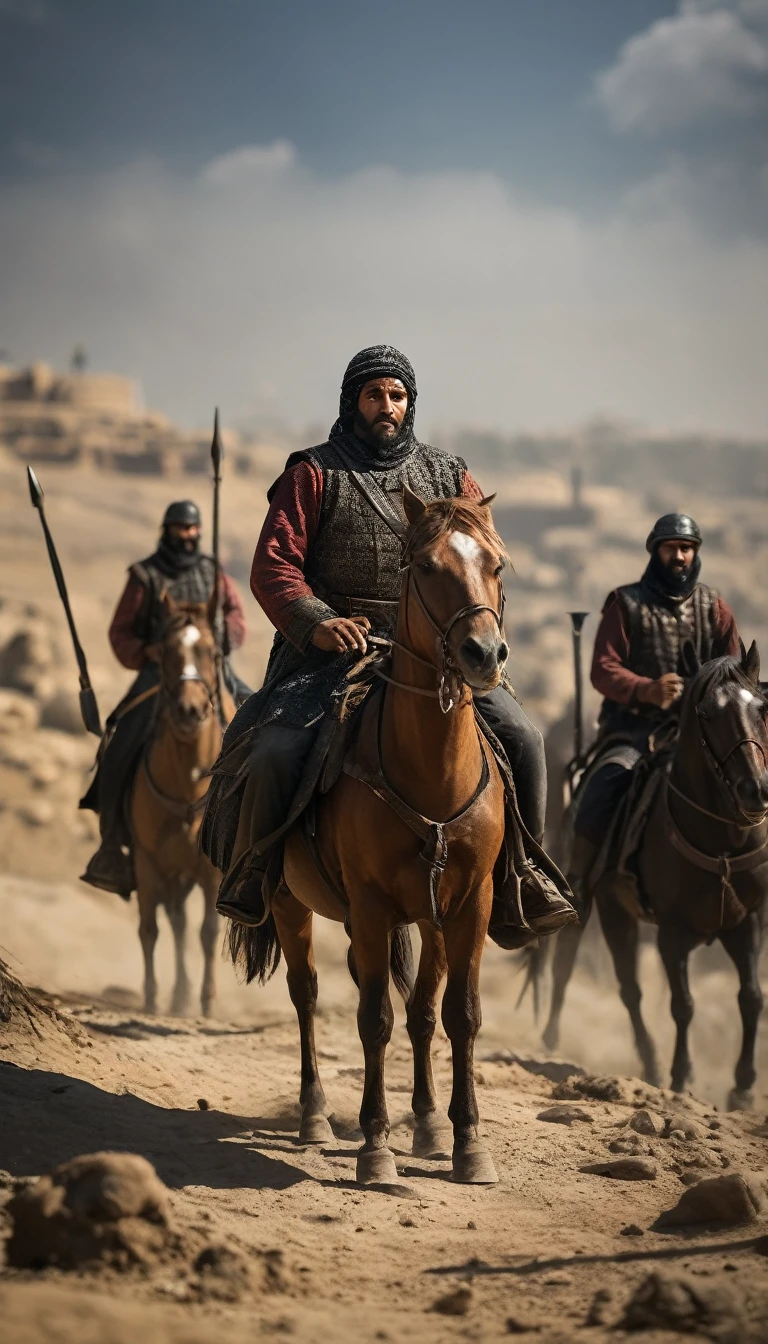 Show the Mamluk forces, led by Qutuz and Baibars, positioned strategically atop a hill, surveying the battlefield below, background dark, hyper realistic, ultra detailed hyper realistic, photorealistic, Studio Lighting, reflections, dynamic pose, Cinematic, Color Grading, Photography, Shot on 50mm lens, Ultra-Wide Angle, Depth of Field, hyper-detailed, beautifully color, 8k